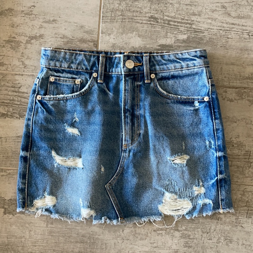Zara distressed denim mini skirt